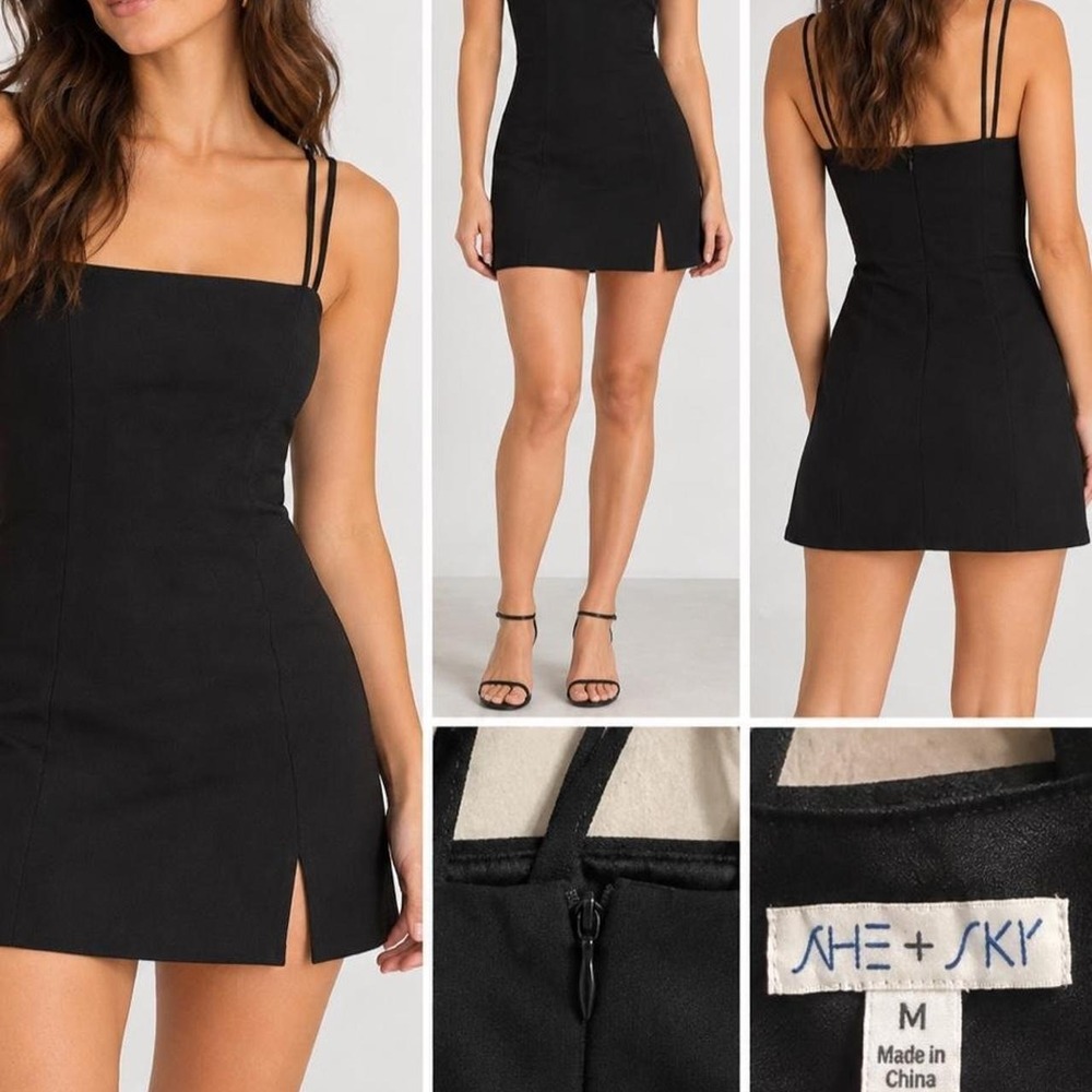 She + Sky Mini Dress Women Medium Black Minimalist Clean Girl Side Slit Strappy